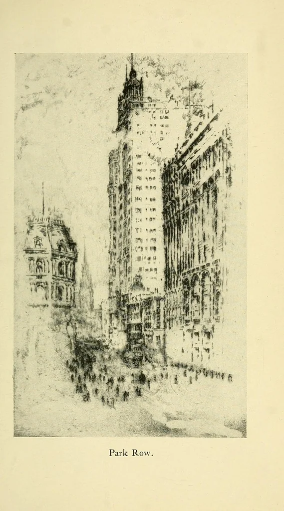 An illustration from Mr. Pennell's etchings of New York "skyscrapers", 1905, leaf 5