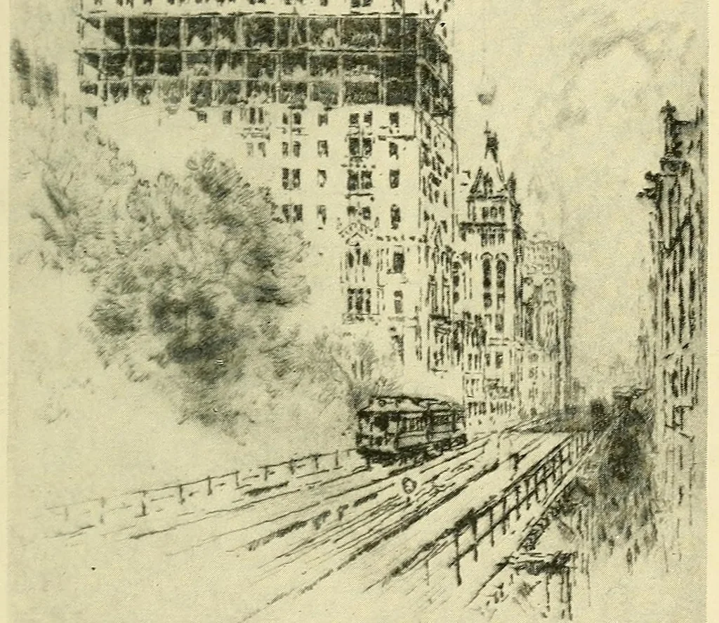 An illustration from Mr. Pennell's etchings of New York "skyscrapers", 1905, leaf 9