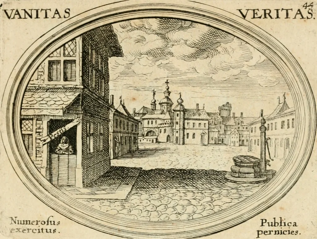 An illustration from Mundi lapis lydius, siue, Emblemata moralia nobilissimi viri D. Antonii A. Burgundia ... : in quibus vanitas per veritatem falsi accusatur & conuincitur, 1665, leaf 100