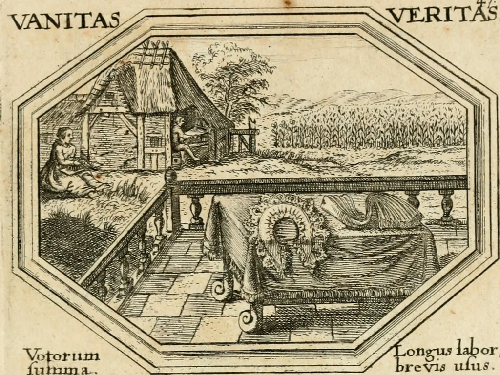 An illustration from Mundi lapis lydius, siue, Emblemata moralia nobilissimi viri D. Antonii A. Burgundia ... : in quibus vanitas per veritatem falsi accusatur & conuincitur, 1665, leaf 104