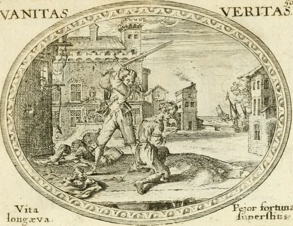 An illustration from Mundi lapis lydius, siue, Emblemata moralia nobilissimi viri D. Antonii A. Burgundia ... : in quibus vanitas per veritatem falsi accusatur & conuincitur, 1665, leaf 110