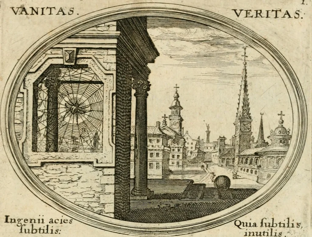 An illustration from Mundi lapis lydius, siue, Emblemata moralia nobilissimi viri D. Antonii A. Burgundia ... : in quibus vanitas per veritatem falsi accusatur & conuincitur, 1665, leaf 12