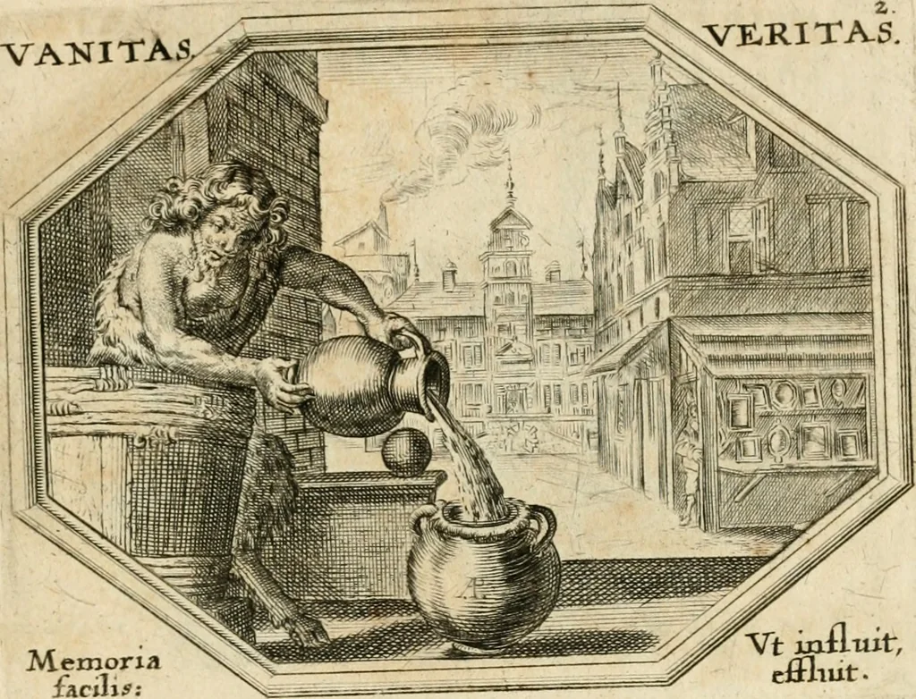 An illustration from Mundi lapis lydius, siue, Emblemata moralia nobilissimi viri D. Antonii A. Burgundia ... : in quibus vanitas per veritatem falsi accusatur & conuincitur, 1665, leaf 14