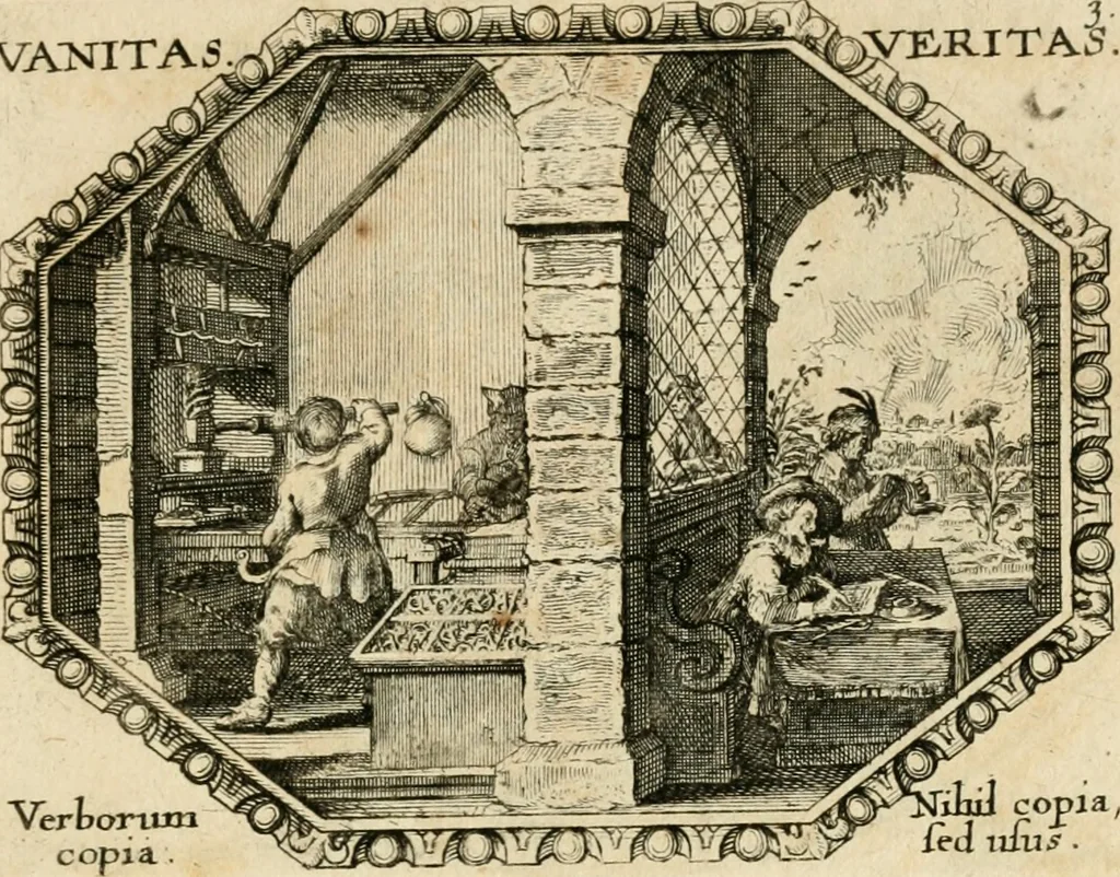 An illustration from Mundi lapis lydius, siue, Emblemata moralia nobilissimi viri D. Antonii A. Burgundia ... : in quibus vanitas per veritatem falsi accusatur & conuincitur, 1665, leaf 16