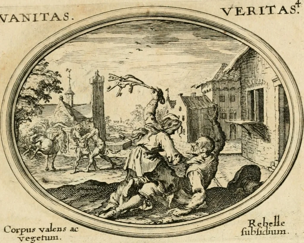 An illustration from Mundi lapis lydius, siue, Emblemata moralia nobilissimi viri D. Antonii A. Burgundia ... : in quibus vanitas per veritatem falsi accusatur & conuincitur, 1665, leaf 18
