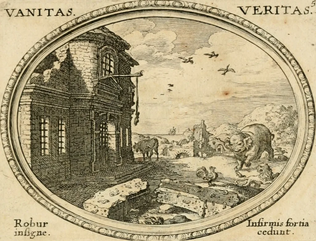 An illustration from Mundi lapis lydius, siue, Emblemata moralia nobilissimi viri D. Antonii A. Burgundia ... : in quibus vanitas per veritatem falsi accusatur & conuincitur, 1665, leaf 20