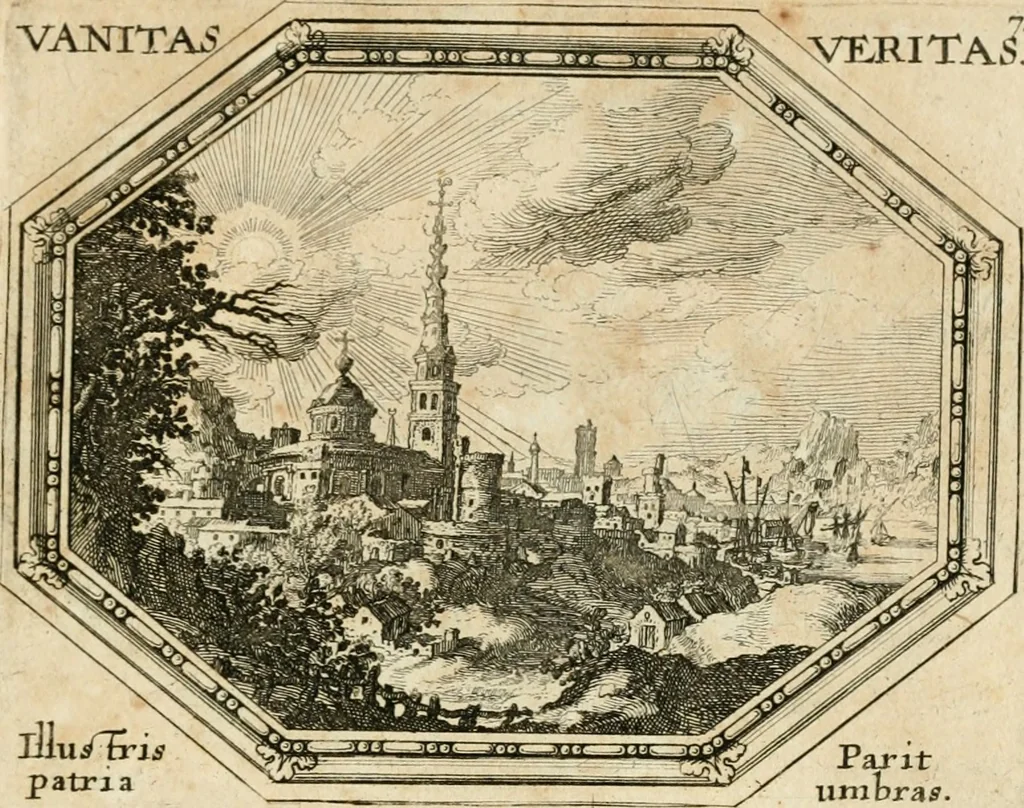 An illustration from Mundi lapis lydius, siue, Emblemata moralia nobilissimi viri D. Antonii A. Burgundia ... : in quibus vanitas per veritatem falsi accusatur & conuincitur, 1665, leaf 24