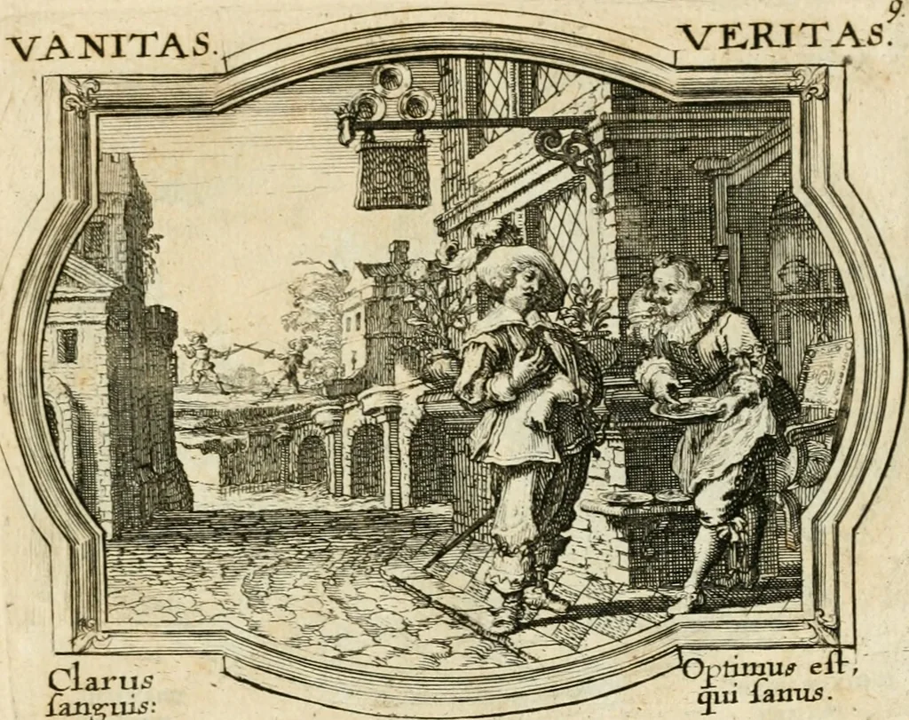 An illustration from Mundi lapis lydius, siue, Emblemata moralia nobilissimi viri D. Antonii A. Burgundia ... : in quibus vanitas per veritatem falsi accusatur & conuincitur, 1665, leaf 28