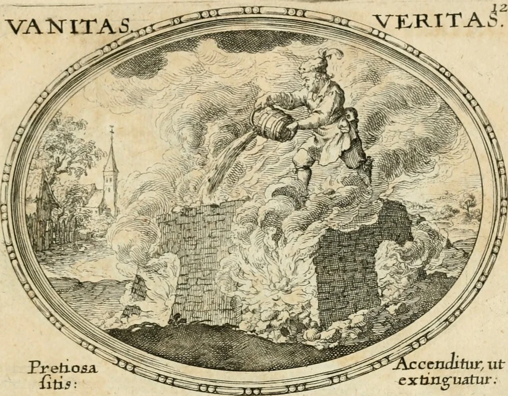 An illustration from Mundi lapis lydius, siue, Emblemata moralia nobilissimi viri D. Antonii A. Burgundia ... : in quibus vanitas per veritatem falsi accusatur & conuincitur, 1665, leaf 34