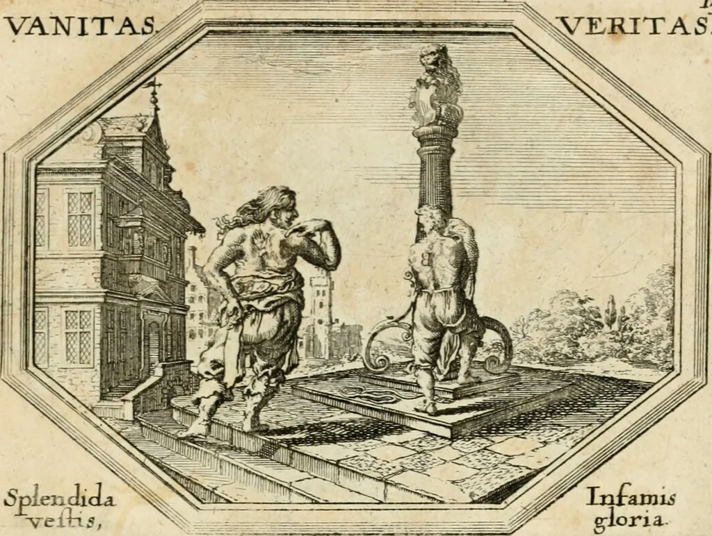 An illustration from Mundi lapis lydius, siue, Emblemata moralia nobilissimi viri D. Antonii A. Burgundia ... : in quibus vanitas per veritatem falsi accusatur & conuincitur, 1665, leaf 40