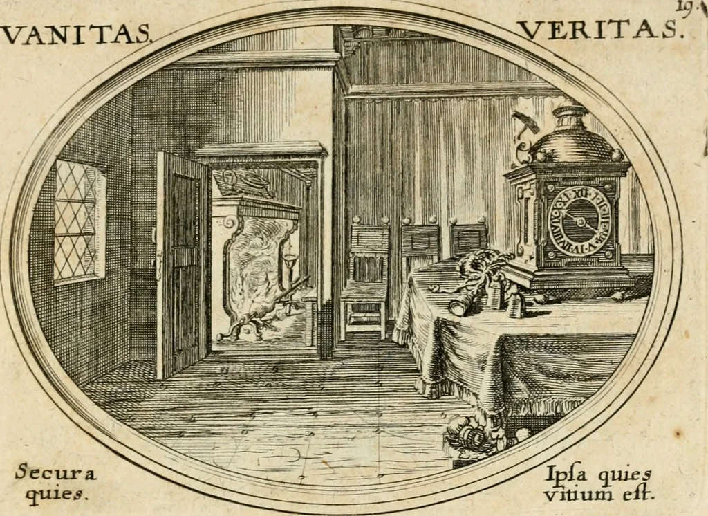 An illustration from Mundi lapis lydius, siue, Emblemata moralia nobilissimi viri D. Antonii A. Burgundia ... : in quibus vanitas per veritatem falsi accusatur & conuincitur, 1665, leaf 48