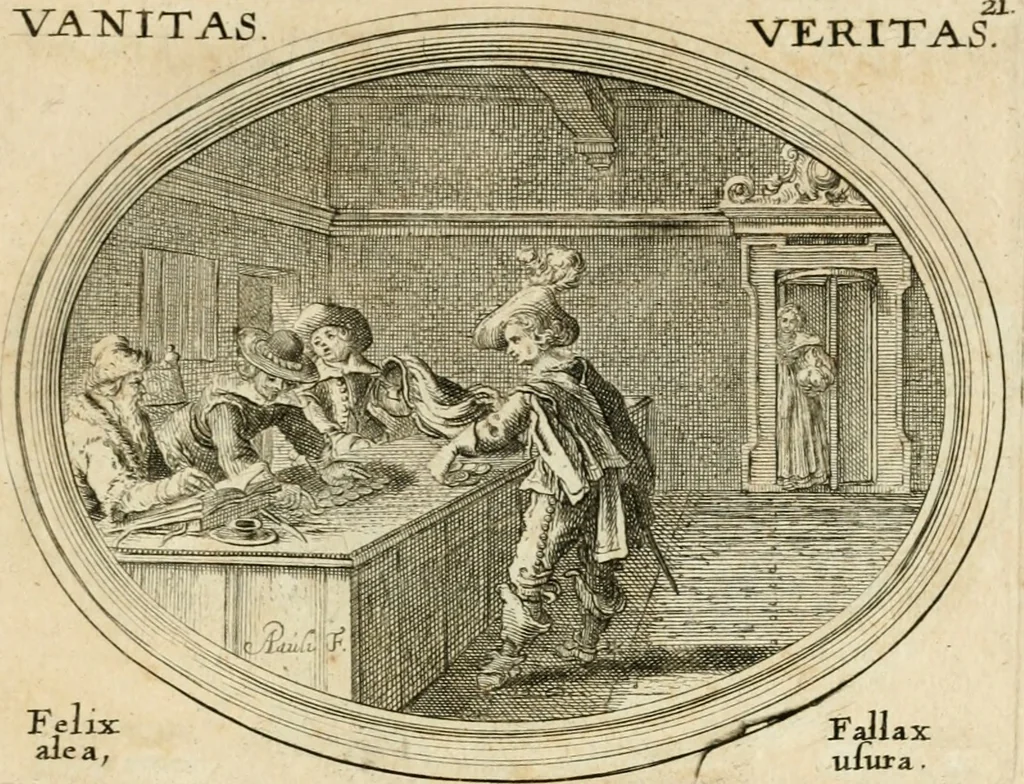 An illustration from Mundi lapis lydius, siue, Emblemata moralia nobilissimi viri D. Antonii A. Burgundia ... : in quibus vanitas per veritatem falsi accusatur & conuincitur, 1665, leaf 52