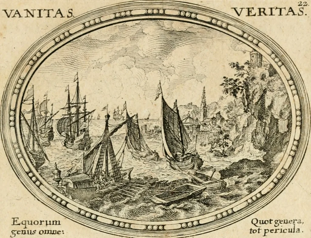An illustration from Mundi lapis lydius, siue, Emblemata moralia nobilissimi viri D. Antonii A. Burgundia ... : in quibus vanitas per veritatem falsi accusatur & conuincitur, 1665, leaf 54