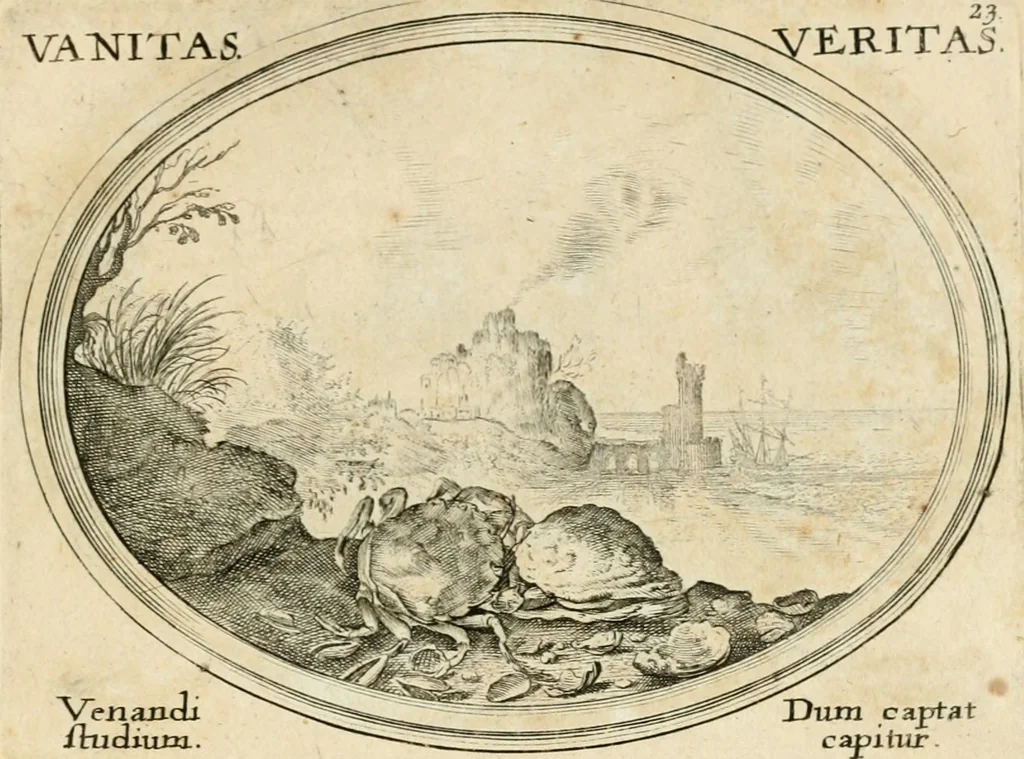 An illustration from Mundi lapis lydius, siue, Emblemata moralia nobilissimi viri D. Antonii A. Burgundia ... : in quibus vanitas per veritatem falsi accusatur & conuincitur, 1665, leaf 56