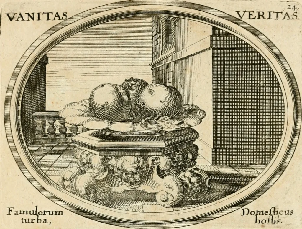 An illustration from Mundi lapis lydius, siue, Emblemata moralia nobilissimi viri D. Antonii A. Burgundia ... : in quibus vanitas per veritatem falsi accusatur & conuincitur, 1665, leaf 58
