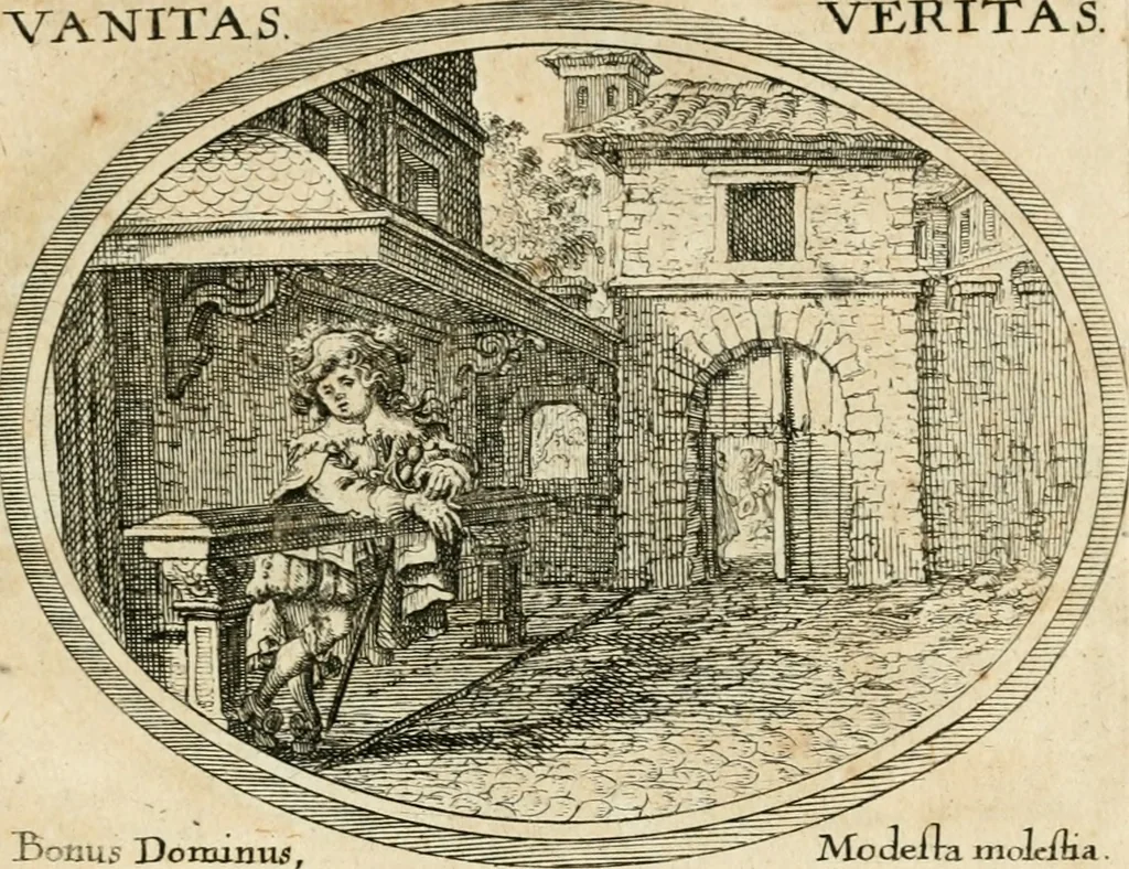 An illustration from Mundi lapis lydius, siue, Emblemata moralia nobilissimi viri D. Antonii A. Burgundia ... : in quibus vanitas per veritatem falsi accusatur & conuincitur, 1665, leaf 60