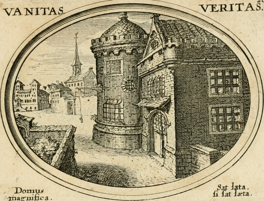 An illustration from Mundi lapis lydius, siue, Emblemata moralia nobilissimi viri D. Antonii A. Burgundia ... : in quibus vanitas per veritatem falsi accusatur & conuincitur, 1665, leaf 66