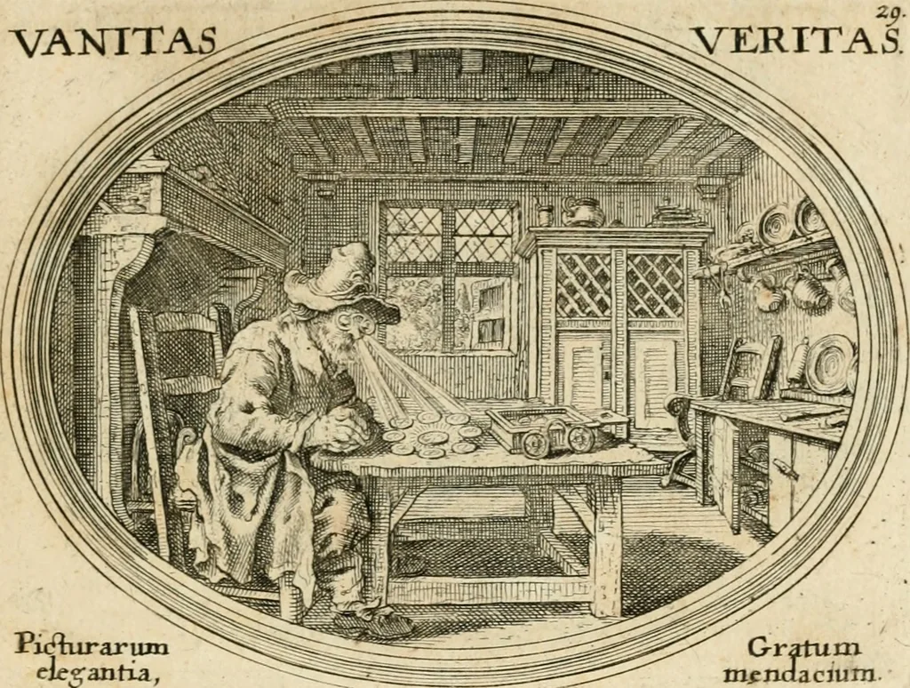 An illustration from Mundi lapis lydius, siue, Emblemata moralia nobilissimi viri D. Antonii A. Burgundia ... : in quibus vanitas per veritatem falsi accusatur & conuincitur, 1665, leaf 68