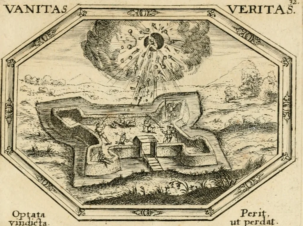 An illustration from Mundi lapis lydius, siue, Emblemata moralia nobilissimi viri D. Antonii A. Burgundia ... : in quibus vanitas per veritatem falsi accusatur & conuincitur, 1665, leaf 74