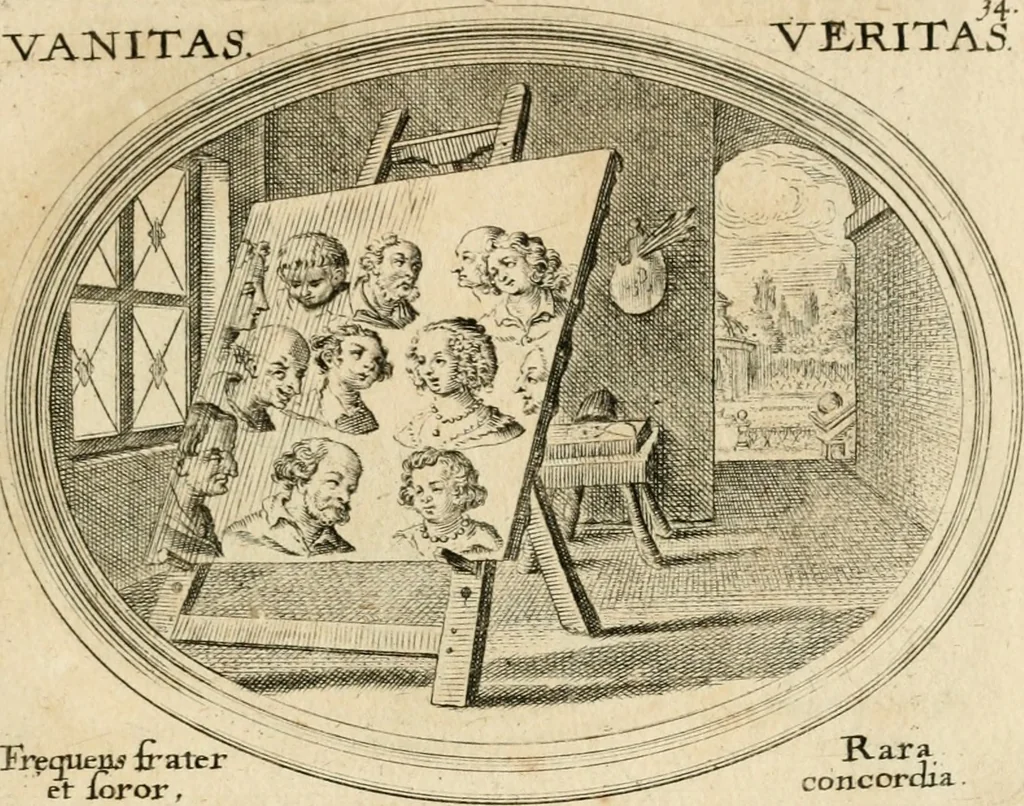 An illustration from Mundi lapis lydius, siue, Emblemata moralia nobilissimi viri D. Antonii A. Burgundia ... : in quibus vanitas per veritatem falsi accusatur & conuincitur, 1665, leaf 78