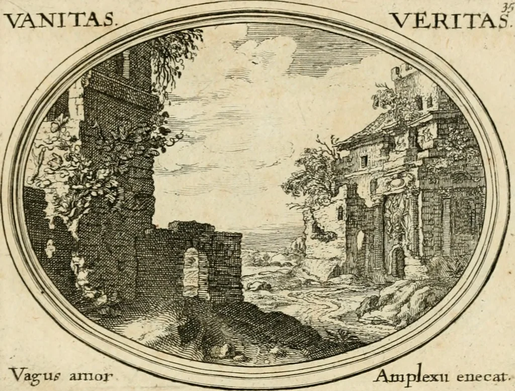 An illustration from Mundi lapis lydius, siue, Emblemata moralia nobilissimi viri D. Antonii A. Burgundia ... : in quibus vanitas per veritatem falsi accusatur & conuincitur, 1665, leaf 80