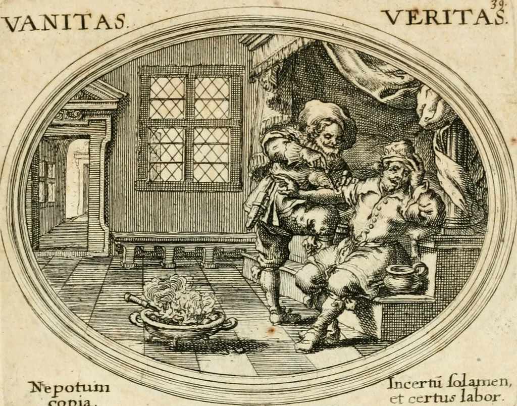 An illustration from Mundi lapis lydius, siue, Emblemata moralia nobilissimi viri D. Antonii A. Burgundia ... : in quibus vanitas per veritatem falsi accusatur & conuincitur, 1665, leaf 88