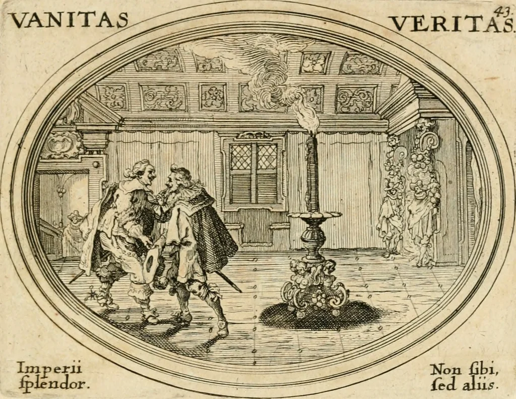 An illustration from Mundi lapis lydius, siue, Emblemata moralia nobilissimi viri D. Antonii A. Burgundia ... : in quibus vanitas per veritatem falsi accusatur & conuincitur, 1665, leaf 96