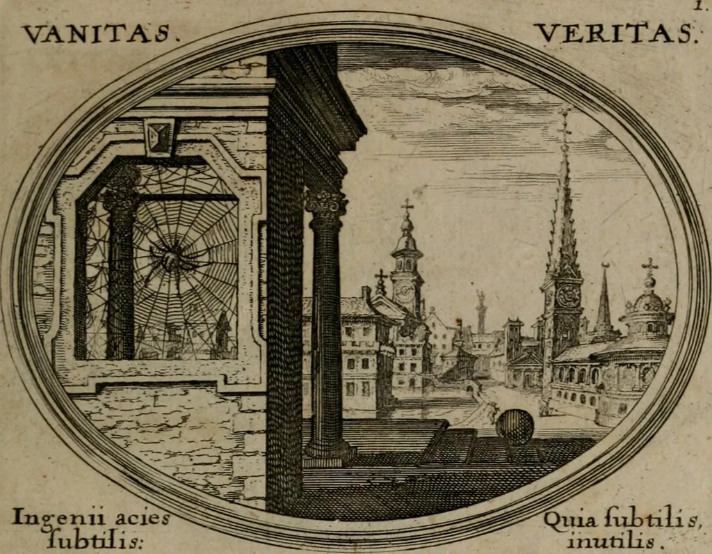 An illustration from Mundi lapis lydius, siue, Emblemata moralia nobilissimi viri D. Antonii A. Burgundia quondam Archidiaconi Brugensis : in quibus vanitas per veritatem falsi accusatur & conuincitur, 1665, leaf 10