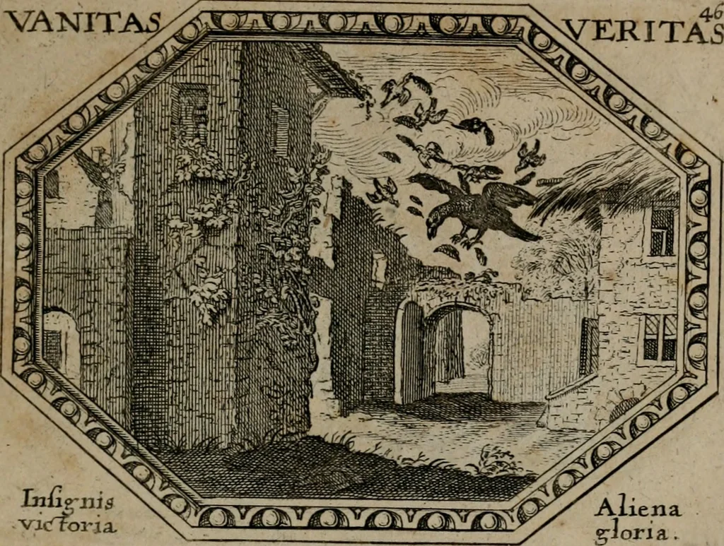 An illustration from Mundi lapis lydius, siue, Emblemata moralia nobilissimi viri D. Antonii A. Burgundia quondam Archidiaconi Brugensis : in quibus vanitas per veritatem falsi accusatur & conuincitur, 1665, leaf 100
