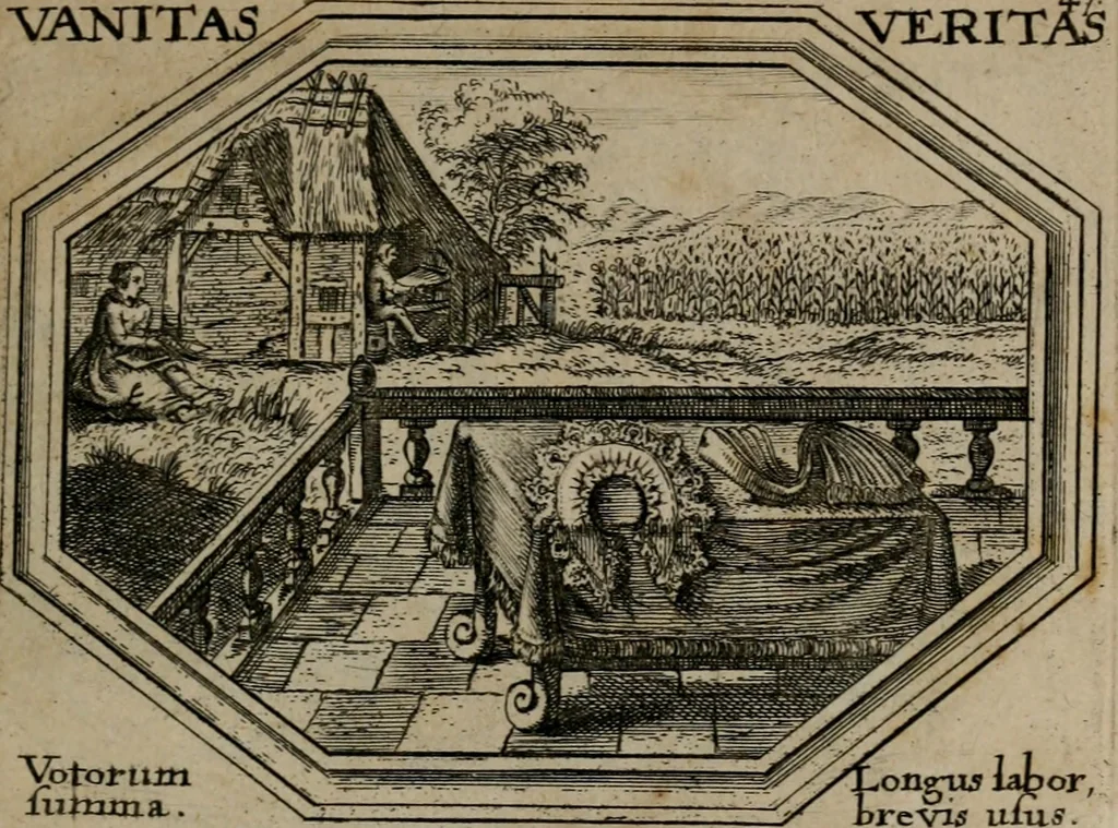 An illustration from Mundi lapis lydius, siue, Emblemata moralia nobilissimi viri D. Antonii A. Burgundia quondam Archidiaconi Brugensis : in quibus vanitas per veritatem falsi accusatur & conuincitur, 1665, leaf 102
