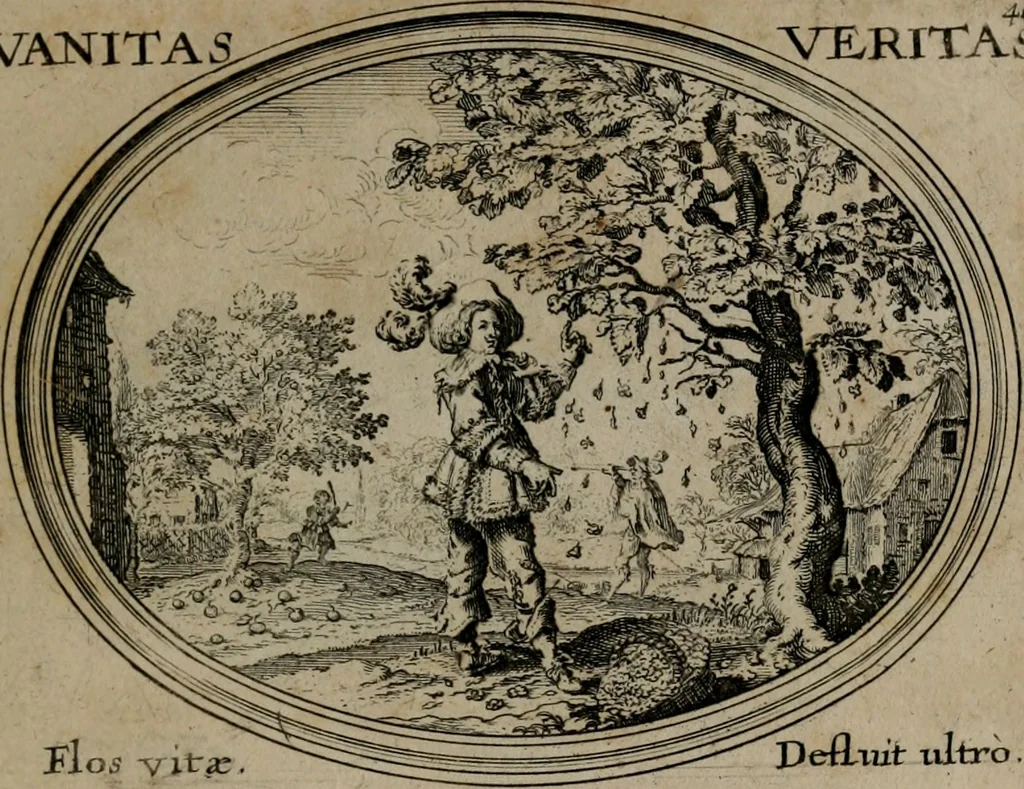 An illustration from Mundi lapis lydius, siue, Emblemata moralia nobilissimi viri D. Antonii A. Burgundia quondam Archidiaconi Brugensis : in quibus vanitas per veritatem falsi accusatur & conuincitur, 1665, leaf 104