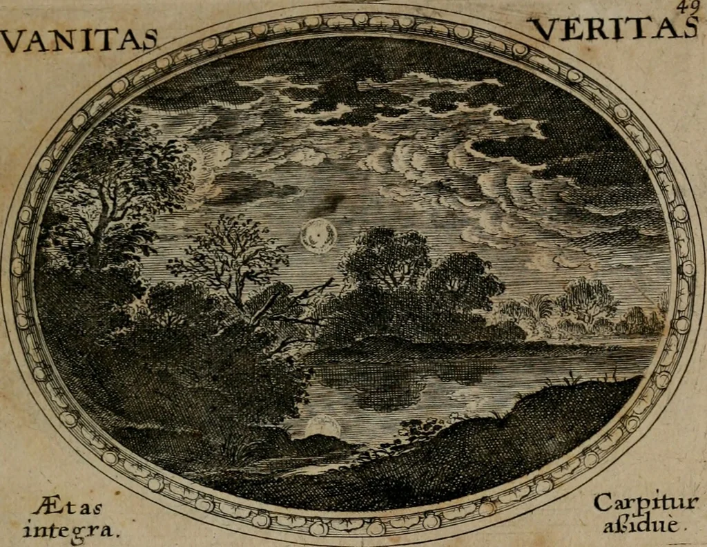 An illustration from Mundi lapis lydius, siue, Emblemata moralia nobilissimi viri D. Antonii A. Burgundia quondam Archidiaconi Brugensis : in quibus vanitas per veritatem falsi accusatur & conuincitur, 1665, leaf 106