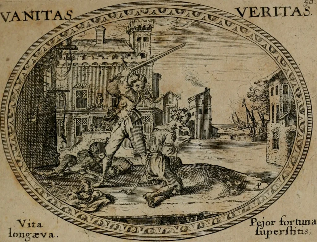 An illustration from Mundi lapis lydius, siue, Emblemata moralia nobilissimi viri D. Antonii A. Burgundia quondam Archidiaconi Brugensis : in quibus vanitas per veritatem falsi accusatur & conuincitur, 1665, leaf 108