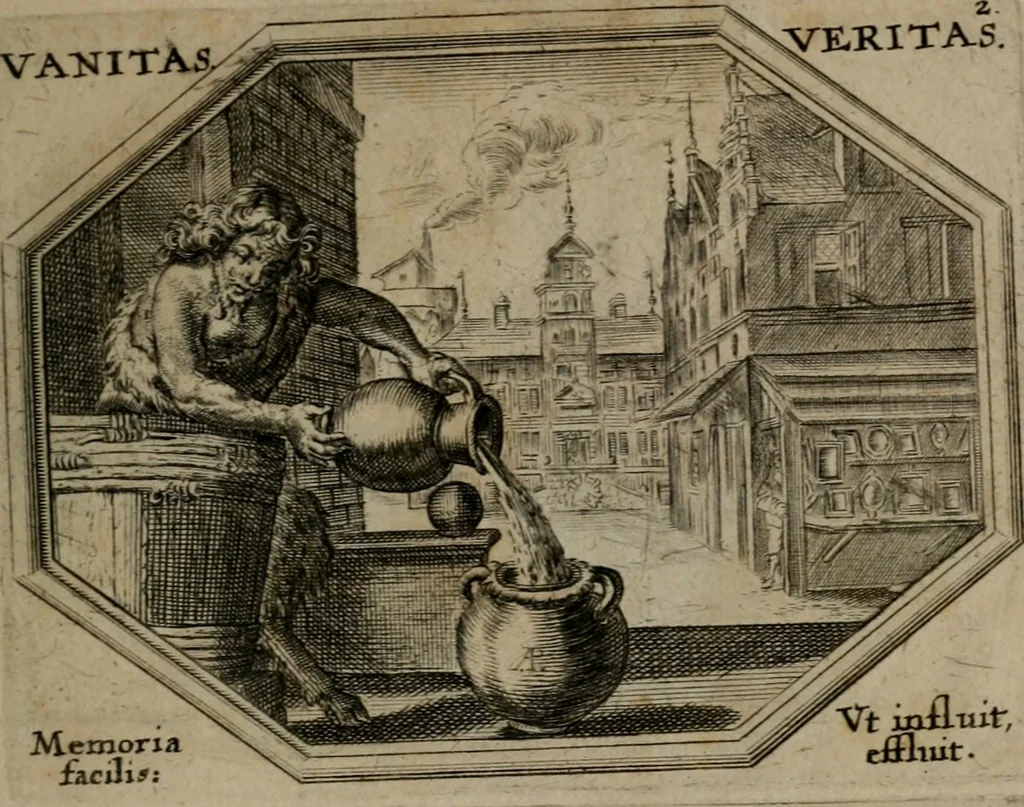 An illustration from Mundi lapis lydius, siue, Emblemata moralia nobilissimi viri D. Antonii A. Burgundia quondam Archidiaconi Brugensis : in quibus vanitas per veritatem falsi accusatur & conuincitur, 1665, leaf 12