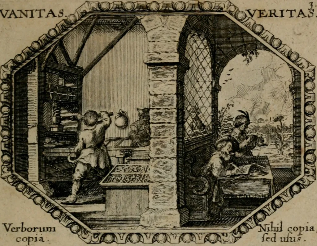 An illustration from Mundi lapis lydius, siue, Emblemata moralia nobilissimi viri D. Antonii A. Burgundia quondam Archidiaconi Brugensis : in quibus vanitas per veritatem falsi accusatur & conuincitur, 1665, leaf 14
