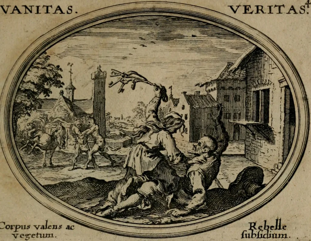 An illustration from Mundi lapis lydius, siue, Emblemata moralia nobilissimi viri D. Antonii A. Burgundia quondam Archidiaconi Brugensis : in quibus vanitas per veritatem falsi accusatur & conuincitur, 1665, leaf 16