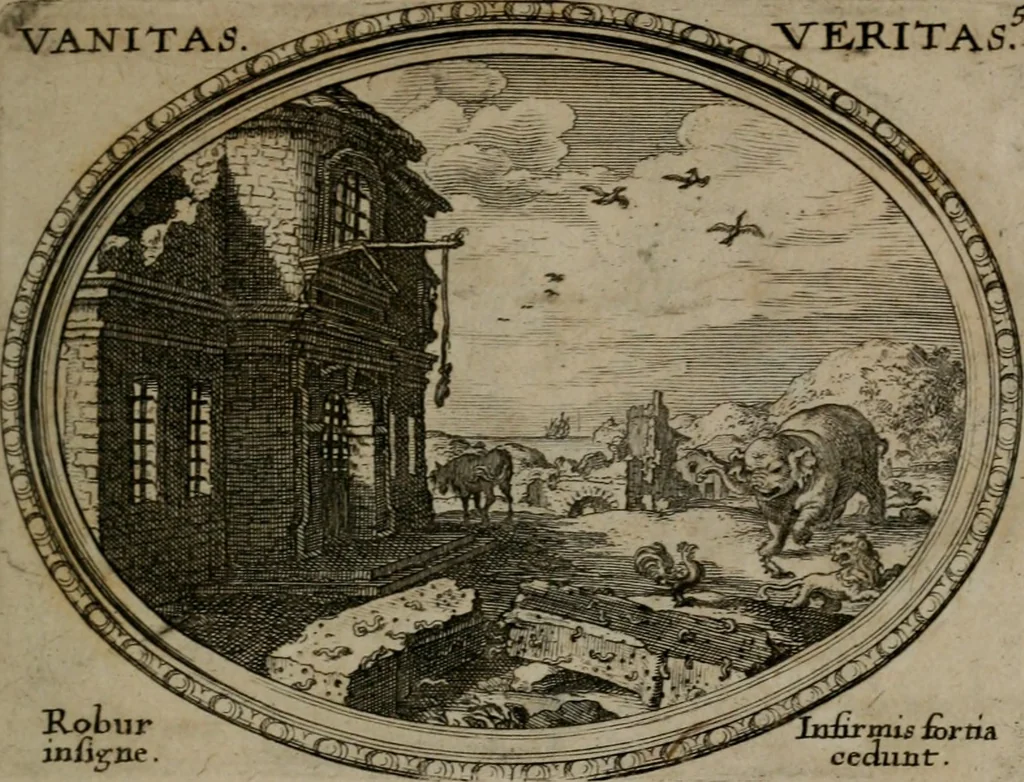 An illustration from Mundi lapis lydius, siue, Emblemata moralia nobilissimi viri D. Antonii A. Burgundia quondam Archidiaconi Brugensis : in quibus vanitas per veritatem falsi accusatur & conuincitur, 1665, leaf 18