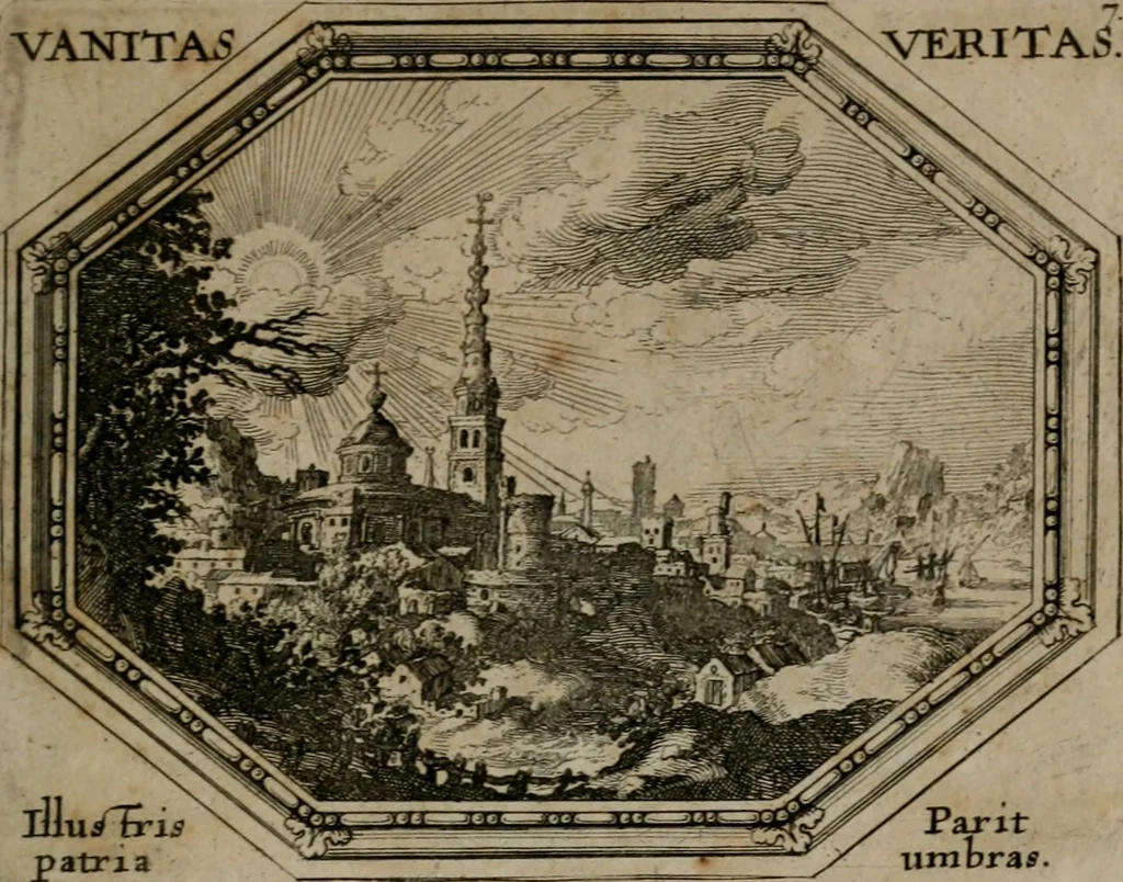 An illustration from Mundi lapis lydius, siue, Emblemata moralia nobilissimi viri D. Antonii A. Burgundia quondam Archidiaconi Brugensis : in quibus vanitas per veritatem falsi accusatur & conuincitur, 1665, leaf 22