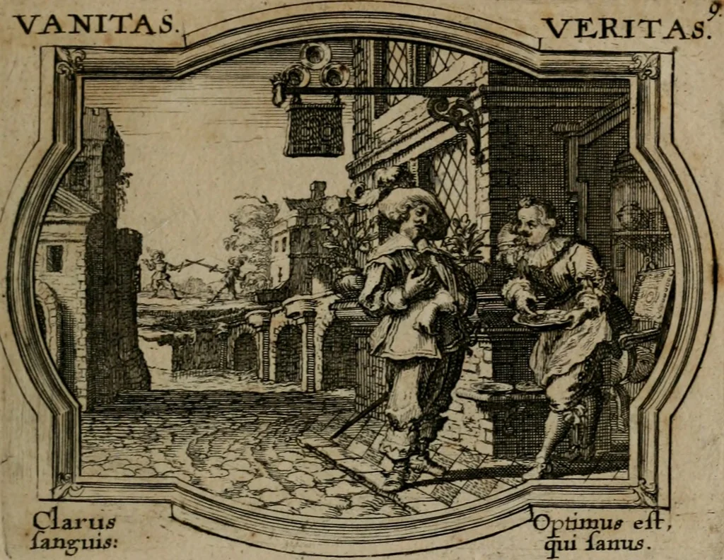 An illustration from Mundi lapis lydius, siue, Emblemata moralia nobilissimi viri D. Antonii A. Burgundia quondam Archidiaconi Brugensis : in quibus vanitas per veritatem falsi accusatur & conuincitur, 1665, leaf 26