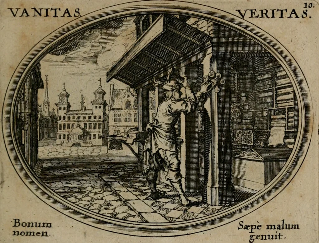 An illustration from Mundi lapis lydius, siue, Emblemata moralia nobilissimi viri D. Antonii A. Burgundia quondam Archidiaconi Brugensis : in quibus vanitas per veritatem falsi accusatur & conuincitur, 1665, leaf 28