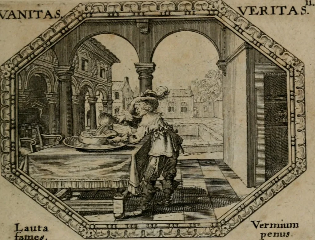 An illustration from Mundi lapis lydius, siue, Emblemata moralia nobilissimi viri D. Antonii A. Burgundia quondam Archidiaconi Brugensis : in quibus vanitas per veritatem falsi accusatur & conuincitur, 1665, leaf 30