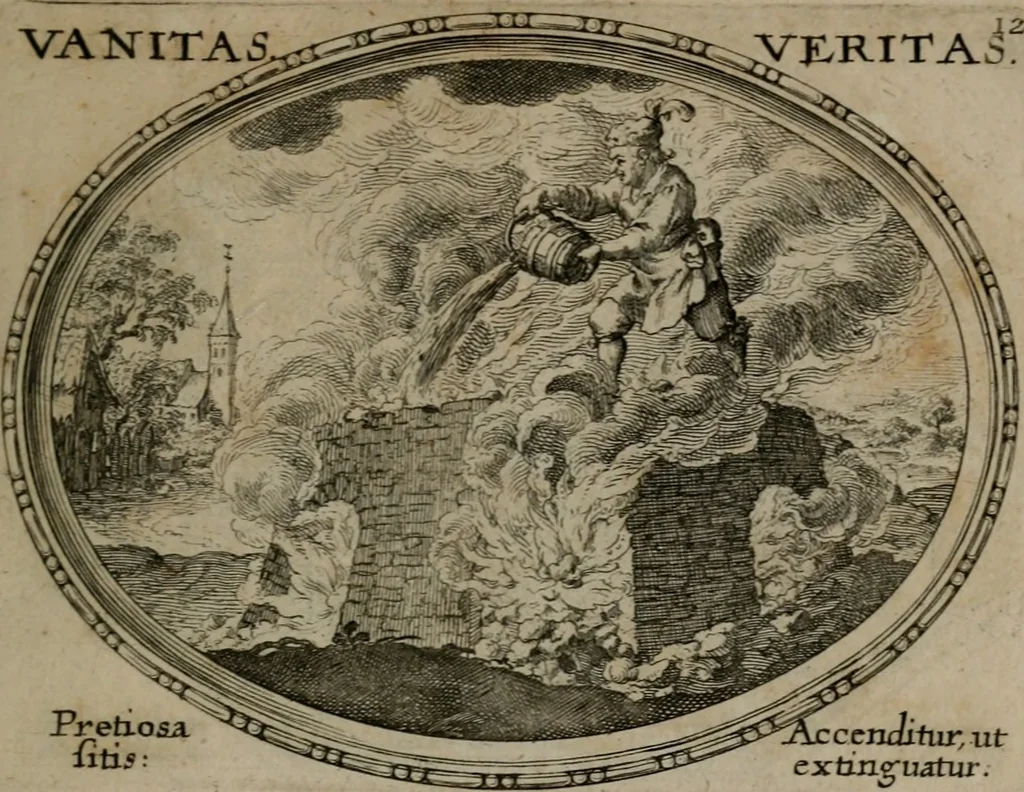 An illustration from Mundi lapis lydius, siue, Emblemata moralia nobilissimi viri D. Antonii A. Burgundia quondam Archidiaconi Brugensis : in quibus vanitas per veritatem falsi accusatur & conuincitur, 1665, leaf 32