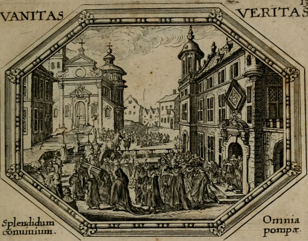An illustration from Mundi lapis lydius, siue, Emblemata moralia nobilissimi viri D. Antonii A. Burgundia quondam Archidiaconi Brugensis : in quibus vanitas per veritatem falsi accusatur & conuincitur, 1665, leaf 34