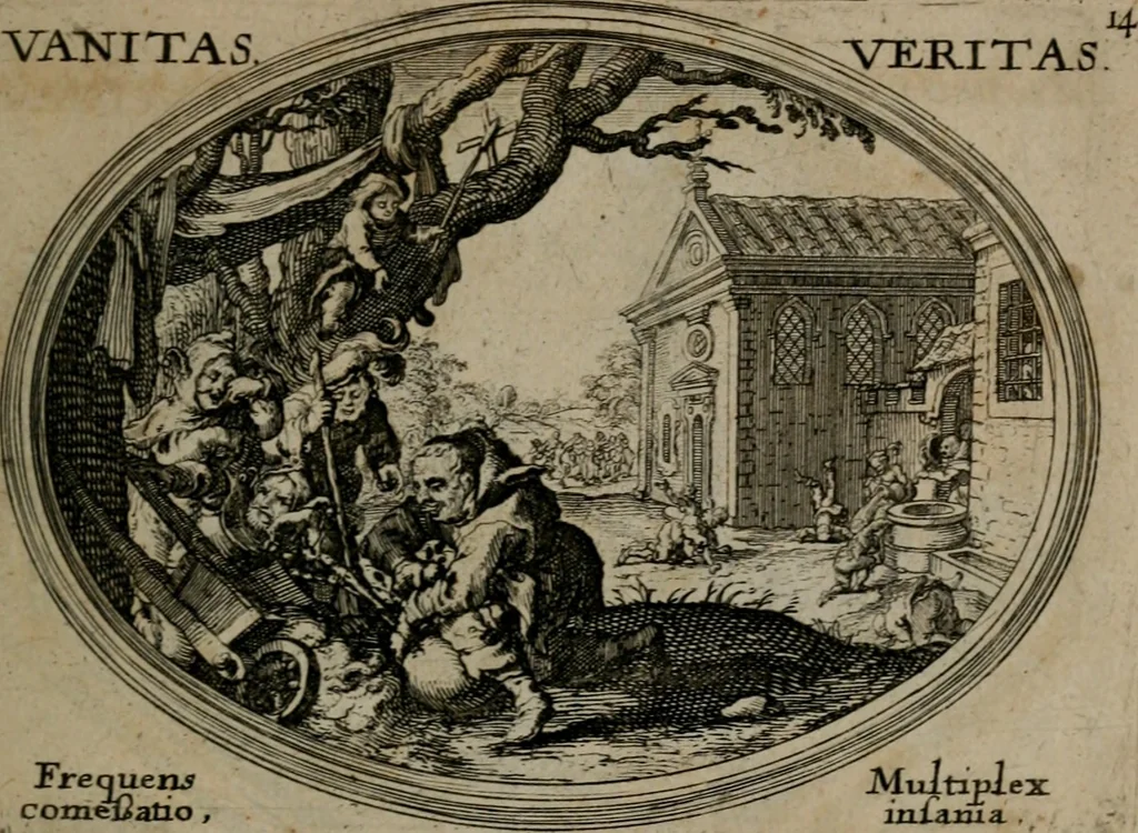 An illustration from Mundi lapis lydius, siue, Emblemata moralia nobilissimi viri D. Antonii A. Burgundia quondam Archidiaconi Brugensis : in quibus vanitas per veritatem falsi accusatur & conuincitur, 1665, leaf 36