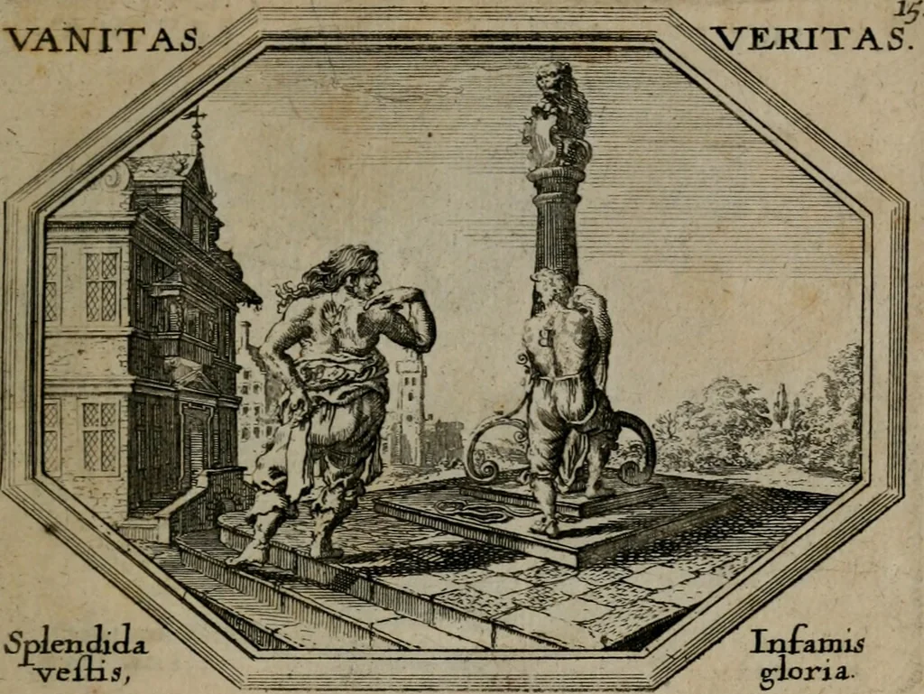 An illustration from Mundi lapis lydius, siue, Emblemata moralia nobilissimi viri D. Antonii A. Burgundia quondam Archidiaconi Brugensis : in quibus vanitas per veritatem falsi accusatur & conuincitur, 1665, leaf 38