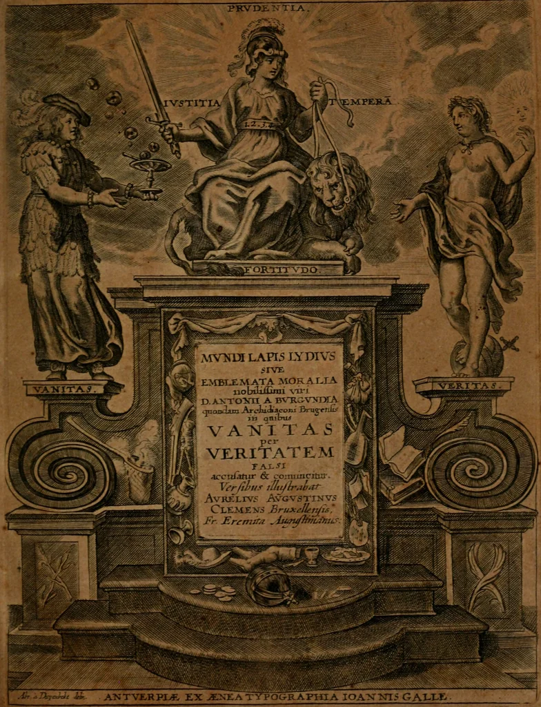 An illustration from Mundi lapis lydius, siue, Emblemata moralia nobilissimi viri D. Antonii A. Burgundia quondam Archidiaconi Brugensis : in quibus vanitas per veritatem falsi accusatur & conuincitur, 1665, leaf 4