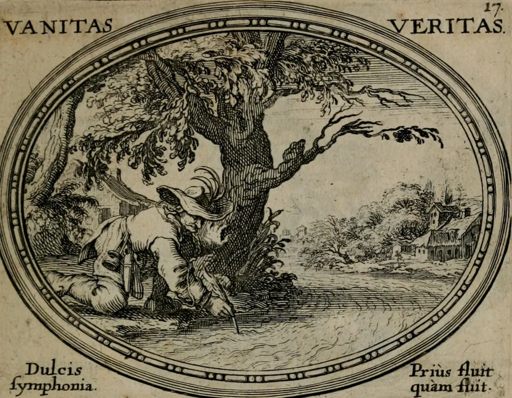 An illustration from Mundi lapis lydius, siue, Emblemata moralia nobilissimi viri D. Antonii A. Burgundia quondam Archidiaconi Brugensis : in quibus vanitas per veritatem falsi accusatur & conuincitur, 1665, leaf 42