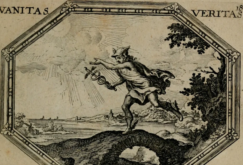 An illustration from Mundi lapis lydius, siue, Emblemata moralia nobilissimi viri D. Antonii A. Burgundia quondam Archidiaconi Brugensis : in quibus vanitas per veritatem falsi accusatur & conuincitur, 1665, leaf 44