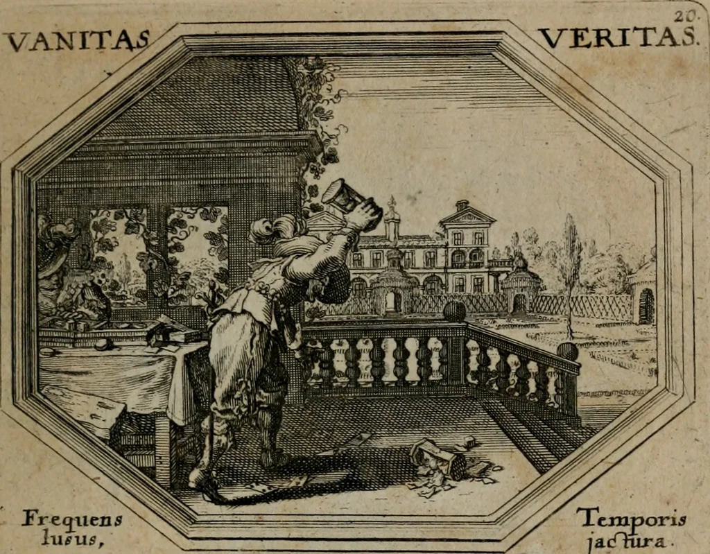 An illustration from Mundi lapis lydius, siue, Emblemata moralia nobilissimi viri D. Antonii A. Burgundia quondam Archidiaconi Brugensis : in quibus vanitas per veritatem falsi accusatur & conuincitur, 1665, leaf 48