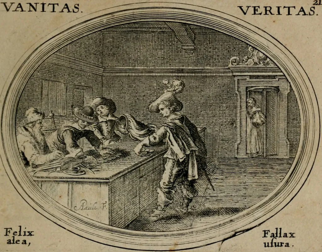 An illustration from Mundi lapis lydius, siue, Emblemata moralia nobilissimi viri D. Antonii A. Burgundia quondam Archidiaconi Brugensis : in quibus vanitas per veritatem falsi accusatur & conuincitur, 1665, leaf 50